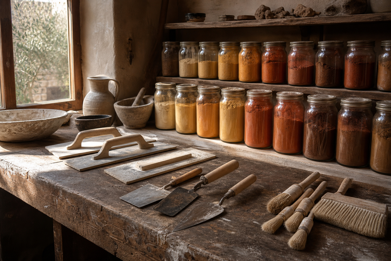 Bottega con vasetti di pigmenti naturali e attrezzi